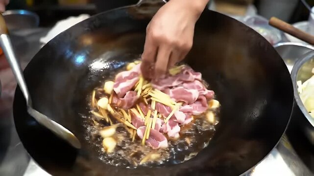Close Up of a Vendor Sizzling Garlic Ginger and Pork in a Black Wok Featuring Steaming Aromas and Expert Culinary Skills Perfect for Cooking Shows Asian Cuisine and Street Food Promotions Ads