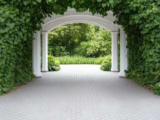 Naklejka premium Garden archway entrance, paved path, green plants, summer day, park