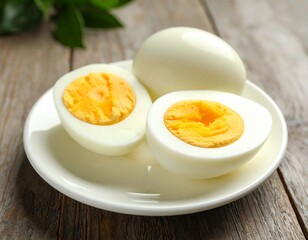Close-up of a cracked egg, highlighting its vibrant yolk and versatile nature ideal for breakfast, cooking ingredients, or nutrition concepts. Egg in white background, sliced egg