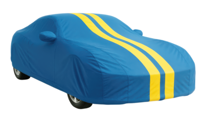 Modern car under a sporty blue protective cover with dual yellow racing stripes, Isolated on Transparent and White Background