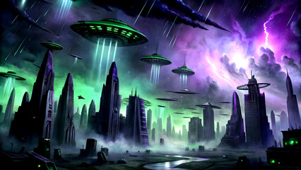 Alien Invasion Over Futuristic Cityscape with UFOs and Lightning