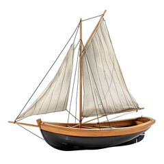 Obraz premium Small wooden sailboat model, light beige sail, dark hull