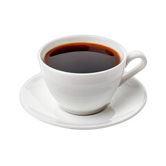 White ceramic coffee cup filled with dark coffee,  placed on a saucer