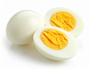 Close-up of a cracked egg, highlighting its vibrant yolk and versatile nature ideal for breakfast, cooking ingredients, or nutrition concepts. Egg in white background, sliced egg