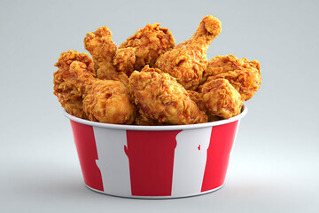 realistic 3d render of a red and white bucket filled with crispy fried chicken drumsticks and wings, fast food branding style, isolated on light background with copy space