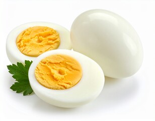 Close-up of a cracked egg, highlighting its vibrant yolk and versatile nature ideal for breakfast, cooking ingredients, or nutrition concepts. Egg in white background, sliced egg