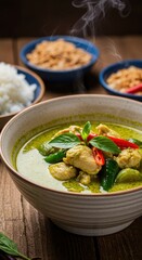 Spicy green curry with chicken and fresh basil served in a beige bowl surrounded by steaming rice, side dishes in blue bowls, on a rustic wooden table with steam rising