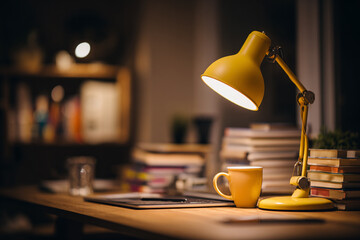 realistic photo of a lit study desk lamp on a wooden desk, warm yellow light, surrounded by books, a laptop and a coffee mug, cozy night-time ambience, blurred background, cinematic mood 