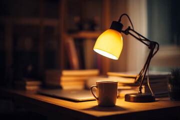 realistic photo of a lit study desk lamp on a wooden desk, warm yellow light, surrounded by books, a laptop and a coffee mug, cozy night-time ambience, blurred background, cinematic mood 