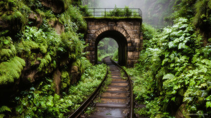 realistic photo of an old stone railway tunnel in the forest, moss-covered walls, rusty tracks, soft mist, early morning light, atmospheric mood, photorealism