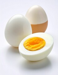 Close-up of a cracked egg, highlighting its vibrant yolk and versatile nature ideal for breakfast, cooking ingredients, or nutrition concepts. Egg in white background, sliced egg