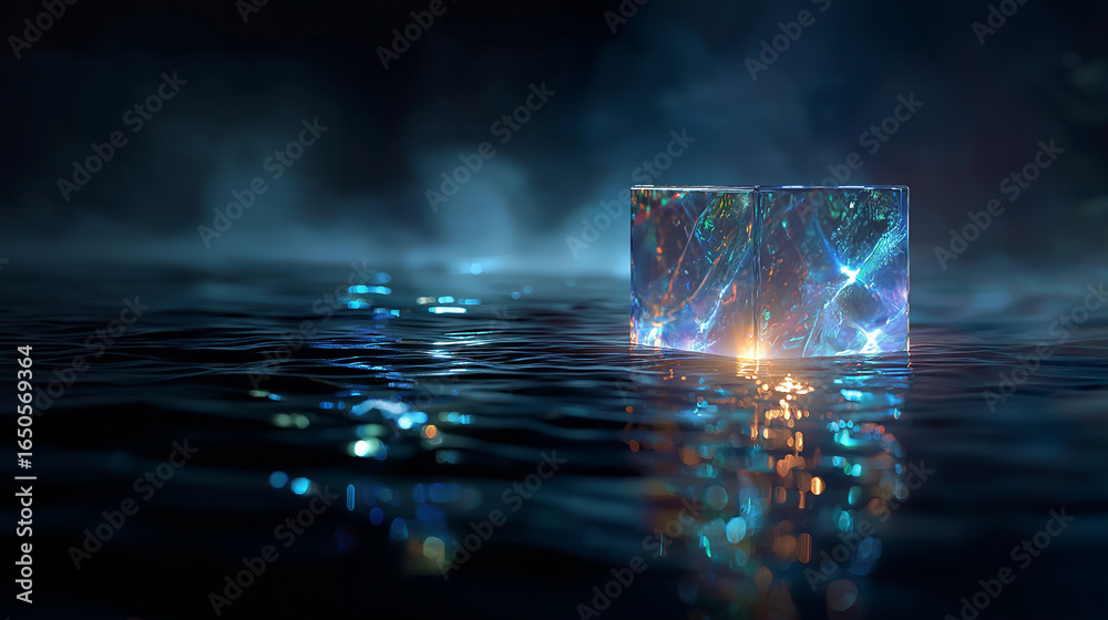 Canvas Prints mystical cube in neon waters: a mesmerizing display of vibrant blue and gold light dance within a gl
