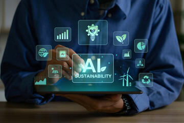 AI sustainability technology concept with futuristic virtual interface. Man using a tablet to manage renewable energy, green innovation, green energy,  eco-friendly development and sustainable future.