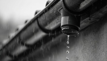 Close-up of a black gutter with water dripping from the edge, showing weathered and urban environment details