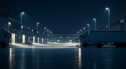 Fototapeta premium Nighttime Industrial Logistics Multiple Large Trucks Parked In A Wet Warehouse Parking Lot