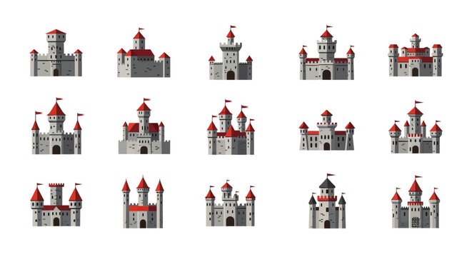 A collection of fourteen illustrated medieval castles with grey stone walls, red roofs, and flags.