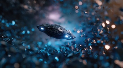 Futuristic spaceship flying through glowing asteroid field in space