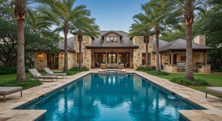 Fototapeta premium Elegant Stone Villa with Palm Trees, Outdoor Living Area, and Sparkling Pool