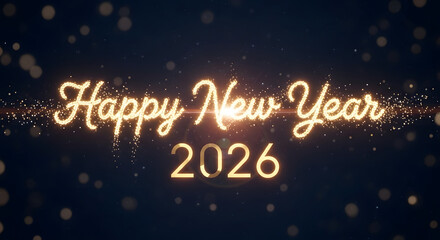 Fototapeta premium Happy New Year 2026 Golden Glowing Text with Particles and Bokeh Lights.