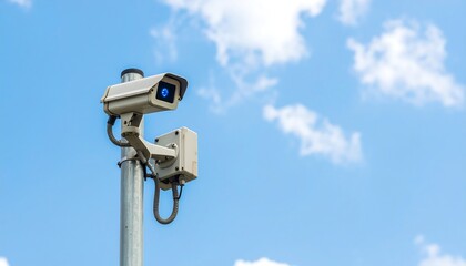 Security camera on a pole against a partly cloudy sky