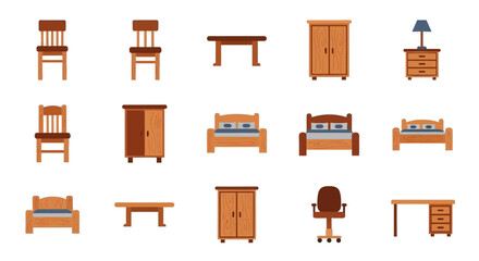 A diverse collection of wooden home and office furniture icons in a flat, illustrative style.