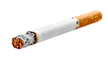 Cigarette with lit end: A cigarette with the end burning and ash formation. representing harmful habit