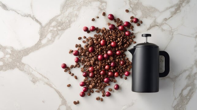 A black french press with coffee beans and red berries on a marble countertop surface top down view - Powered by Adobe