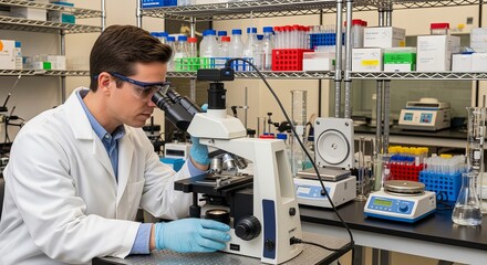 A focused scientist is peering through a microscope, carefully analyzing samples in a modern laboratory environment with dedication.