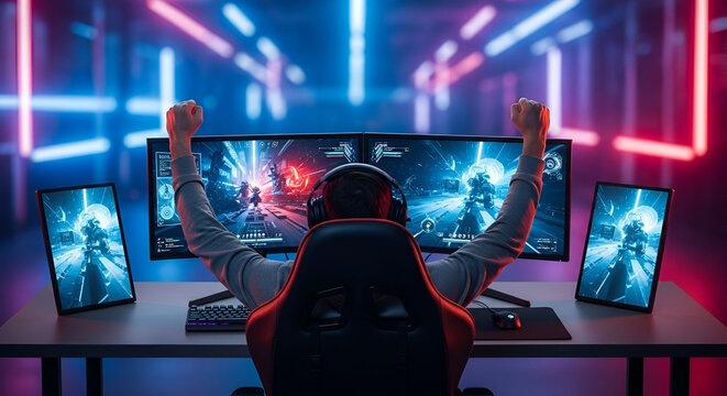 Gamer Celebrating Victory in Neon Gaming Setup with Dual Monitors  
 - Powered by Adobe
