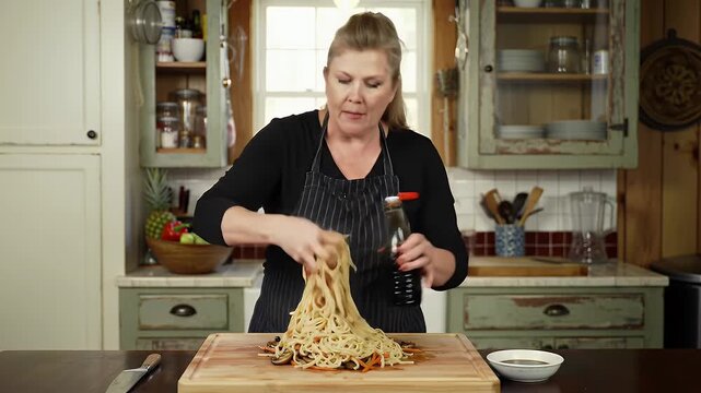 Woman Chef Making Lo Mein with Mushrooms and Carrots in a Rustic Kitchen with Wooden Cutting Board and Soy Sauce Bottle in a Medium Eye Level Shot Perfect for Food Advertisement and Cooking Tips