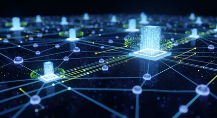 Abstract network with glowing nodes and connections symbolizing data transfer and communication flow