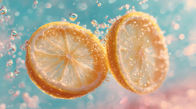 Water fritters with lemon slices in transparent carbonated water - Powered by Adobe