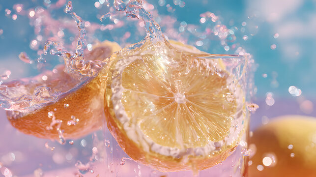 Water fritters with lemon slices in transparent carbonated water - Powered by Adobe