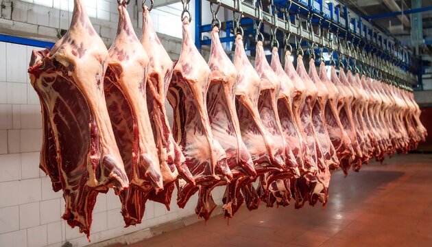 Raw beef carcasses hanging in a processing facility.