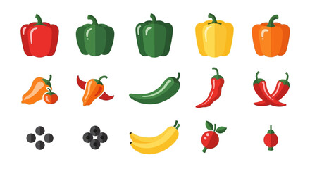 Assortment of Vibrant Flat Design Peppers and Fruits Collection