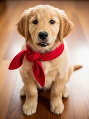 Adorable retriever puppy with red scarf looking into camera, cute pet portrait, loyal dog, family love and friendship