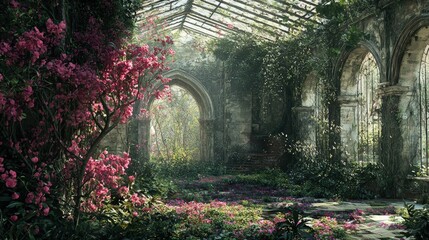 Lush overgrown ruins of a sun-drenched greenhouse.