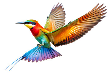 Fototapeta premium Colorful bird with a long tail is flying in the a isolated on white background ,PNG.AI Generated.