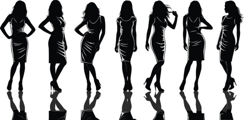Elegant woman silhouette collection, fashion model posing, female figure illustration with reflectio