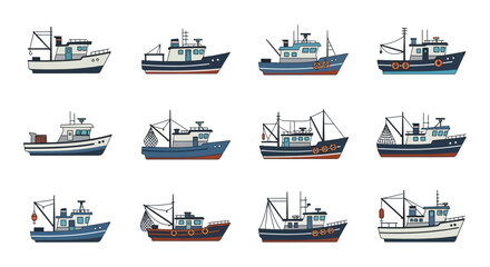 Collection of Cartoon Fishing Boats with Various Designs and Colors