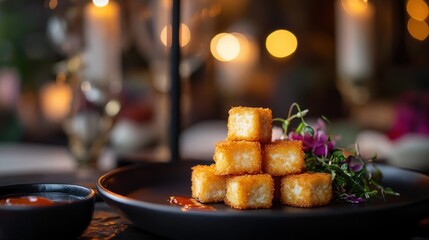 tofu dish with golden fried tofu, served on a dark ceramic plate with a tangy dipping sauce, with a blurred background 