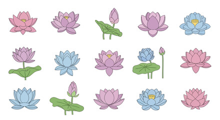 Collection of Colorful Cartoon Lotus Flowers in Various Stages