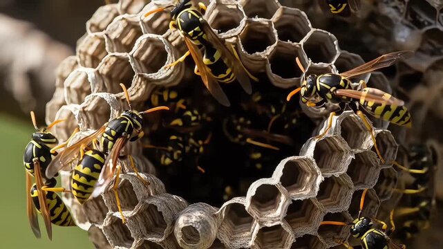 Close-up of a bustling paper wasp nest with multiple yellow jackets working on the intricate hexagonal comb.