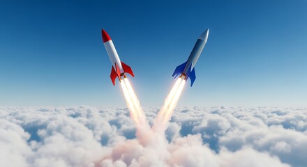 Naklejka premium Two colorful rockets launch upwards through the clouds, ascending into the bright, endless, blue sky, signifying growth.