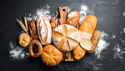 Overhead view of assorted breads and rolls on dark surface, dusted with flour