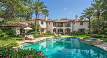 Fototapeta premium Mediterranean Inspired Villa with Terracotta Roof, Palm Trees, and Private Pool