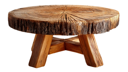 Rustic Wooden Table: A unique table crafted from a section of a tree trunk, showcasing natural wood texture and grain, blending rustic charm with earthy design, a testament to organic artistry.