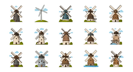 Collection of Diverse Windmills and Wind Turbines in Flat Design Style