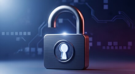 Close up of an open padlock with a keyhole on a blue digital background with circuit board pattern