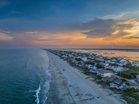 Sunset on Topsail Island, Surf City, North Carolina aerial view 